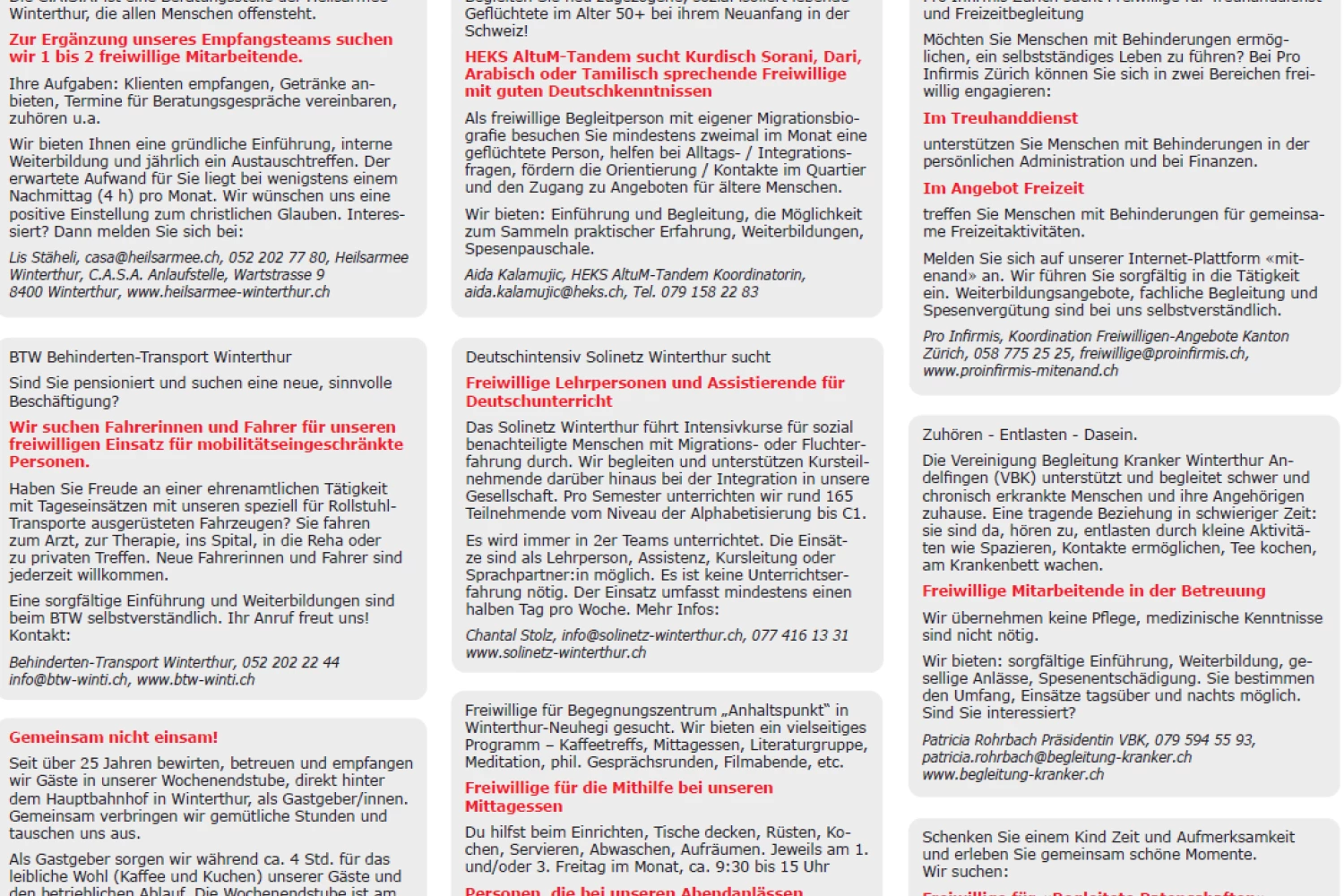 Inserate für Freiwilligen-Einsätze in der Zeitung Der Landbote